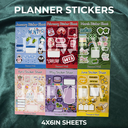 Steward Well Monthly Planner Stickers | 12-Month Seasonal Sticker Collection | 4×6 Planner Sheets